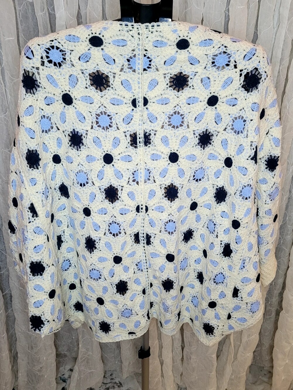 POL Open Front Floral Crochet Blue Cream Boho Kimono Cardigan Cover Up One Size - Picture 7 of 10